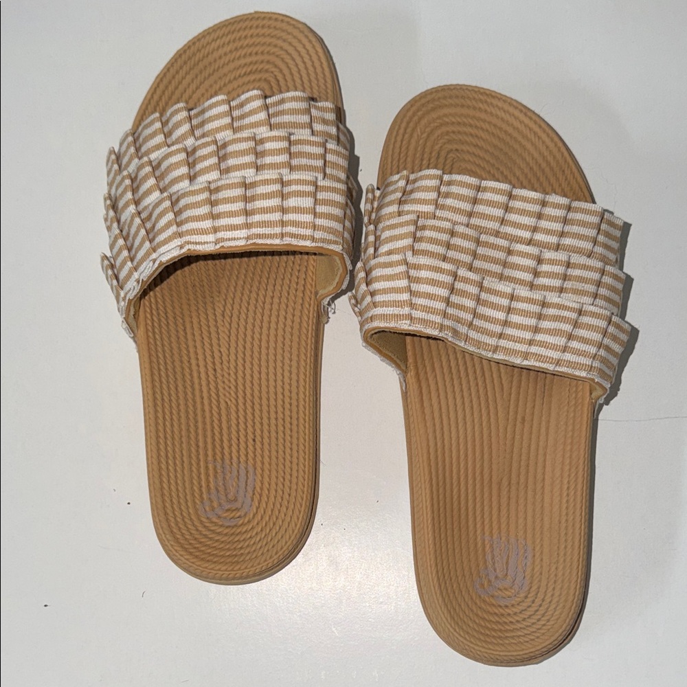 Chic Tan Striped Slide Sandals